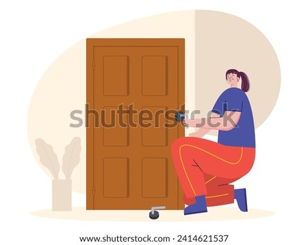 A woman wearing casual clothes is installing a doorknob at home, during a day off from work. Character design. Vector flat illustration