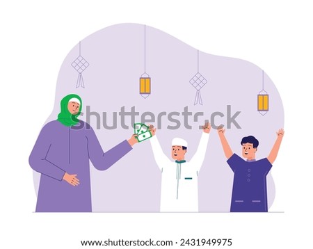 Two boys are happy because they get Eid pocket money from their aunt, vector illustration.