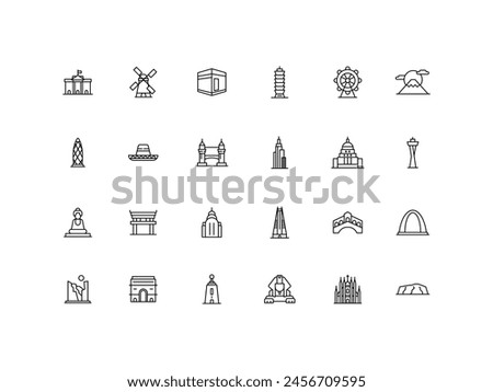 World Monument vector illustration icons set and logos of top tourist attractions, historical buildings and towers