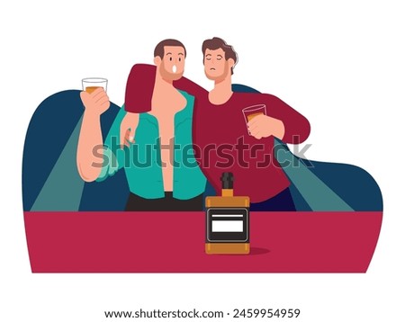 Drunk man drinking alcohol with his friend at a nightclub bar, while dancing. Vector flat illustration. Character design