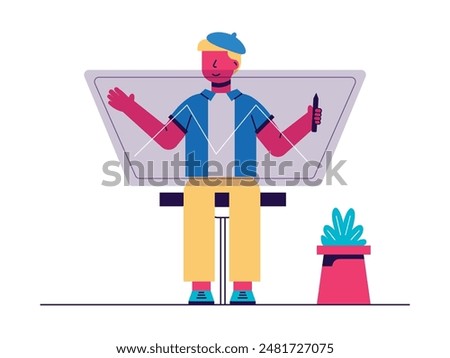 Painter man with beret hat is sitting and drawing on modern board. Character design. Vector flat illustration