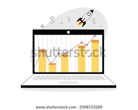 Trading chart data on the laptop is skyrocketing. It's time to buy a currency trade. Character design. Vector flat illustration