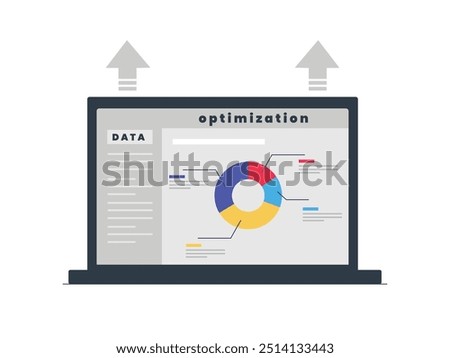 Screen laptop data search engine optimization, creating an accurate web page. Character design. Vector flat illustration