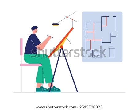 Architect working on foundation sketch for room division of house to be built, semi-outline style, vector illustration.