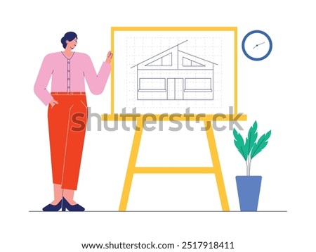 House drawing done by a builder on a special board for sketching, semi-outline style, architect vector illustration.