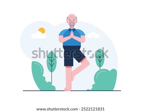 Grandpa outdoors doing yoga position, exercise to maintain body balance. Character design. Vector flat illustration