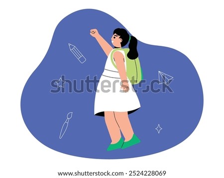 Excited backpack wearing girl with slash pose back to school, vector illustration.