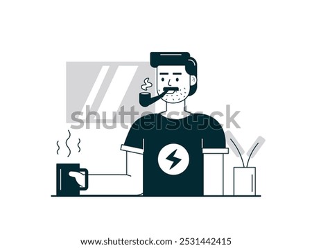 Handsome man at home smoking a cigarette while drinking hot coffee, taking a break to enjoy a weekend day off. Character design. Vector flat illustration