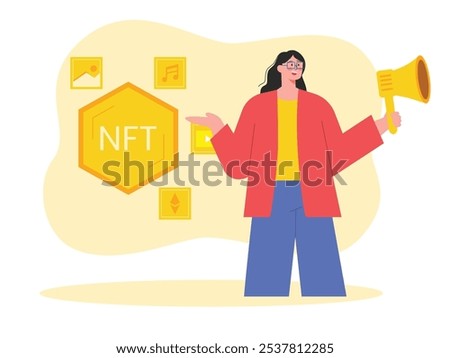 Women are promoting NFT digital assets, multiple benefits. Character design. Vector flat illustration