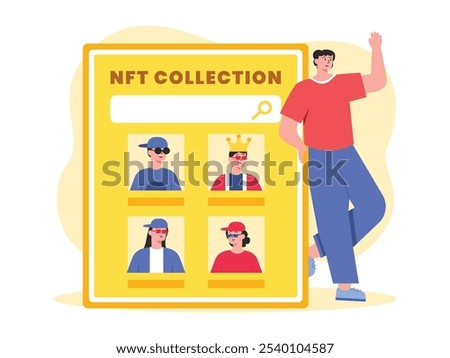 Man investing in digital assets NFT, multiple collections. Design character. Vector flat illustration