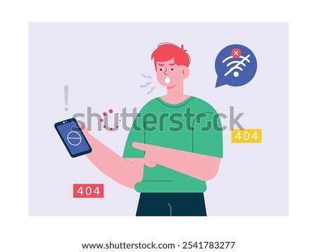 Man angry because wifi is off and mobile phone loading, addicted to online social media. Character design. Vector flat illustration