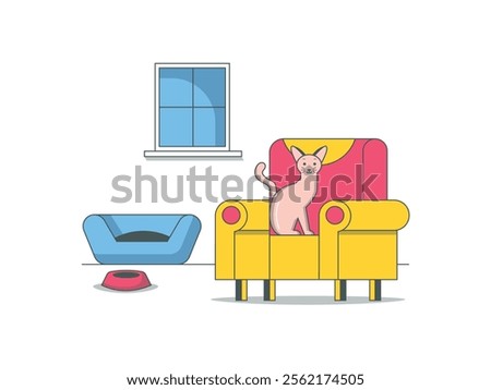 Sphynx cat sitting on the sofa, with a neat home interior. Expensive pet. Character design. Vector flat illustration