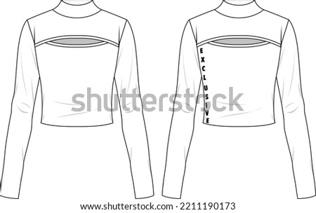 Vector cut out long sleeved t shirt fashion CAD, woman winter turtle neck wrap crop top technical drawing, template, sketch, flat, mock-up. Jersey modern crop top with front, back view, white color