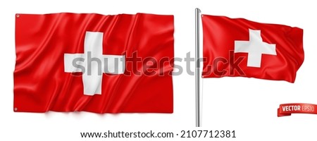 Vector realistic illustration of Swiss flags on a white background.