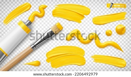 Vector realistic illustration of a yellow paint tube, paintbrush and brush strokes on a transparent background.