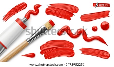 Vector realistic illustration of a red paint tube, paintbrush and brush strokes on a white background.