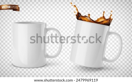 Vector realistic illustration of white ceramic mugs on a transparent background.