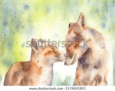 Fox watercolor painting. Cute animal family. Wildlife animals art. Lovely foxes Illustration. Maternity artwork. Cute baby fox. Foxes kissing.