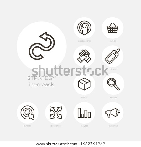 Set of blue, red, yellow, ping and purple icons or signs for web and presentations in grey rounds. Original simple icons with bold grey stroke about strategy planning.