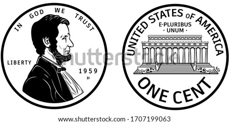 High quality one cent coin US America . Abraham Lincoln Observe and Lincoln memorial reverse 1959 penny black and white isolated vector Zdjęcia stock © 
