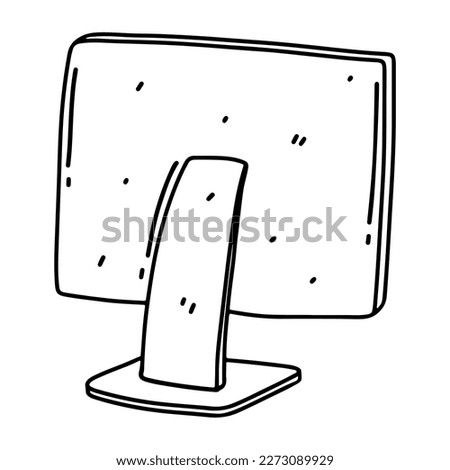 Desktop computer monitor back view in hand drawn doodle style. Vector illustration isolated on white background.