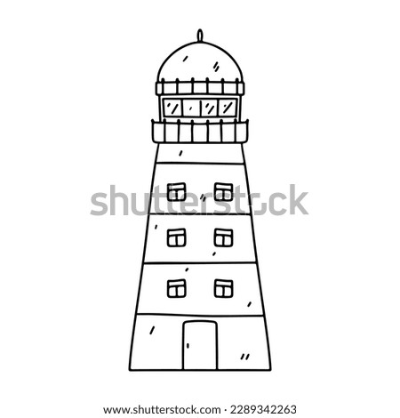 Lighthouse in hand drawn doodle style. Vector illustration isolated on white. Coloring page.