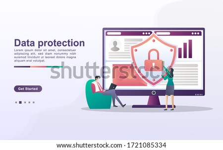 Data protection concept. People secure data management and protect data from hacker attacks. Back up and save important data. Can use for web landing page, banner, mobile app. Vector Illustration