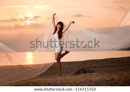 Beautiful bride in a short dress with a long veil on the beach at sunset