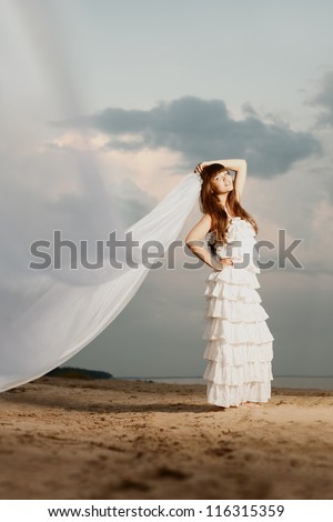Beautiful bride in a long dress with a long veil on the beach at sunset