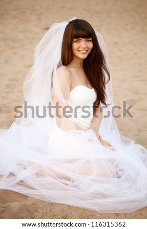 Beautiful bride in a short dress with a long veil on the beach at sunset