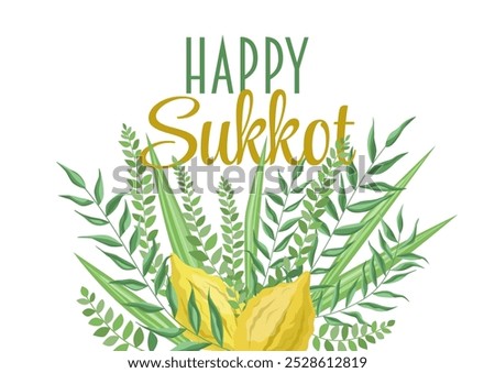 Beautiful greeting card, Happy Sukkot, Jewish Holiday. Banner with floral composition with arba minim, four species: etrog and palm, myrtle and willow branches.  Fruits and plants on white background.