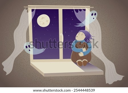 Person sitting on a windowsill and howling at the Moon. Two ghosts fly from the window with full moon and dark starry night sky. Autumn Mood Illustration, Fall sad, despaired or lonely character.