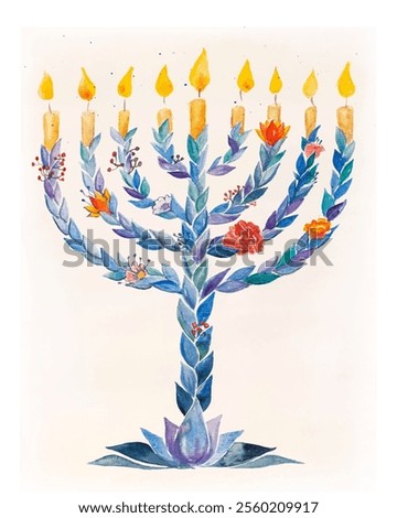 Hand drawn watercolor floral Chanukia (Hanukiah) - traditional jewish candleholder - with nine burning candles. Blue leaves, orange, pink flowers. Happy Hanukkah (Chanuka), Jewish Holiday of Light!