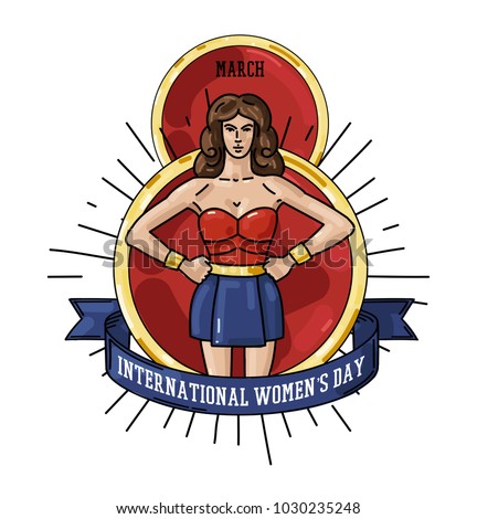 International Women's Day greeting card with big 8 March date and strong woman warrior, logo