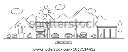 refueling gas station on travel route with mountains, with different cars and other vehicles,  linear graphic