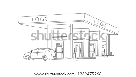 gas station fuel dispensers row illustration with car, linear sketch graphic