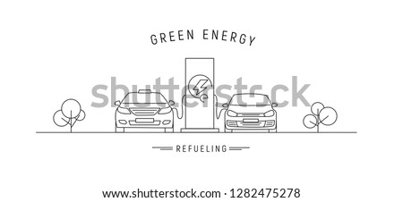 electric charge station with electric cars, linear illustration with green energy text