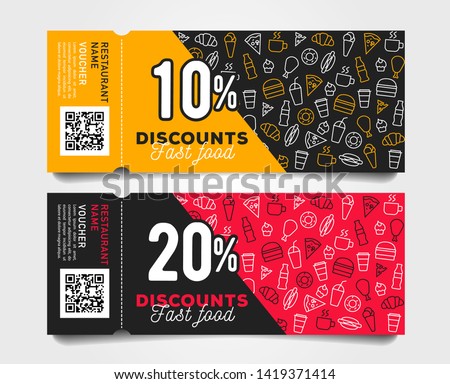 Discount tear-off coupons with barcode fast food template design with linear pattern of food and drinks