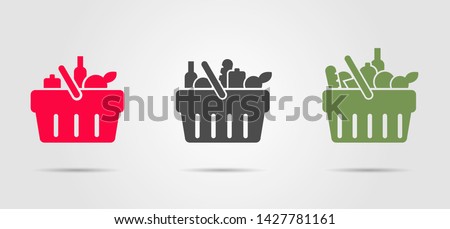 Food basket from super market, set of three pictograms filled with different goods
