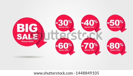 Big Sale tags with Sale up to 30 - 90 percent text on circle tags with arrow down composition