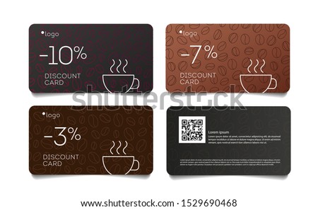 Coffee discount coupon voucher cards with line coffee beans pattern and cup, set of cards front and back