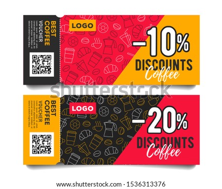 Promotion event admission tickets with torn off part, coffee beans cups and breakfast food pattern and discounts