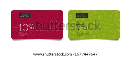 Set of discount cards for grocery food store with food and beverages line pattern shopping items illustration discounts digits and logo, loyalty program club