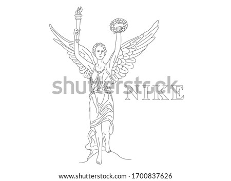 Isolated vector line illustration of antique goddess with angel wings. Nike or Hebe holding torch with fire and wreath