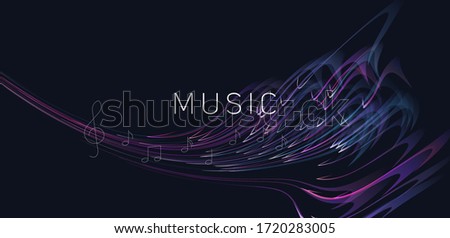 Abstract dynamic composition of melody or music made of of bright lines with notes and violin clef, symphony art poster