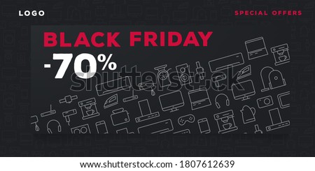 Black friday sale banner for electronic and home devices shop with icon pattern of different smart technology goods
