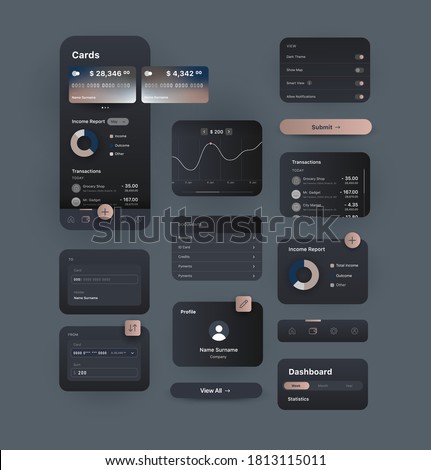 User interface design elements, widgets for online financial banking mobile application with charts, cards, account transactions, buttons and icons, dark colours, generic and fictional app interface