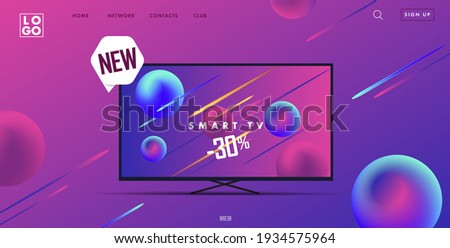 Web site landing page with 3d smart tv illustration and interface elements, gadget advertising promo banner in ultraviolet neon colors with new label