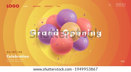 Grand opening web banner with bunch of round transparent air balloons on warm sunny background with circles spreading from center with interface elements