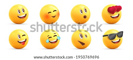Smiley face 3d icons or yellow emojies with dofferent happy expressions, spheric characters loaughing, in love and cool, isolated
